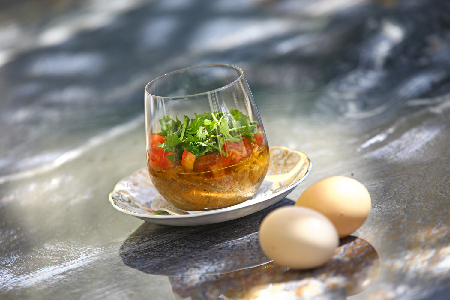 Café EspritBleu: Aubergine Caviar, Herb Salad with Slow Cooked Eggs 
